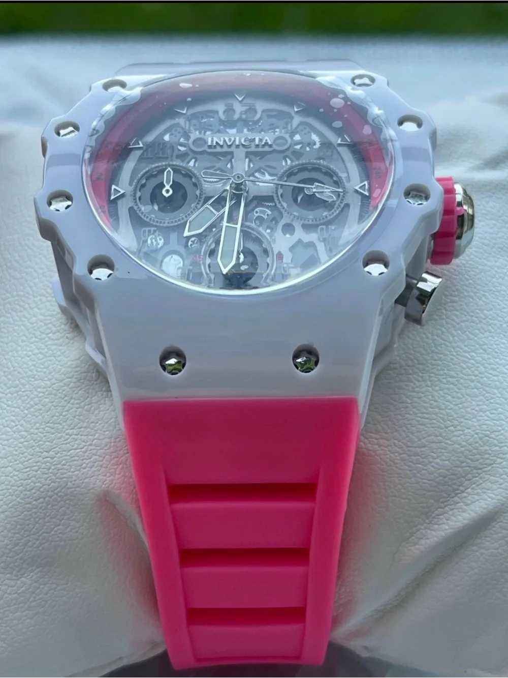 Invicta White and Pink Skeleton Chronograph Watch